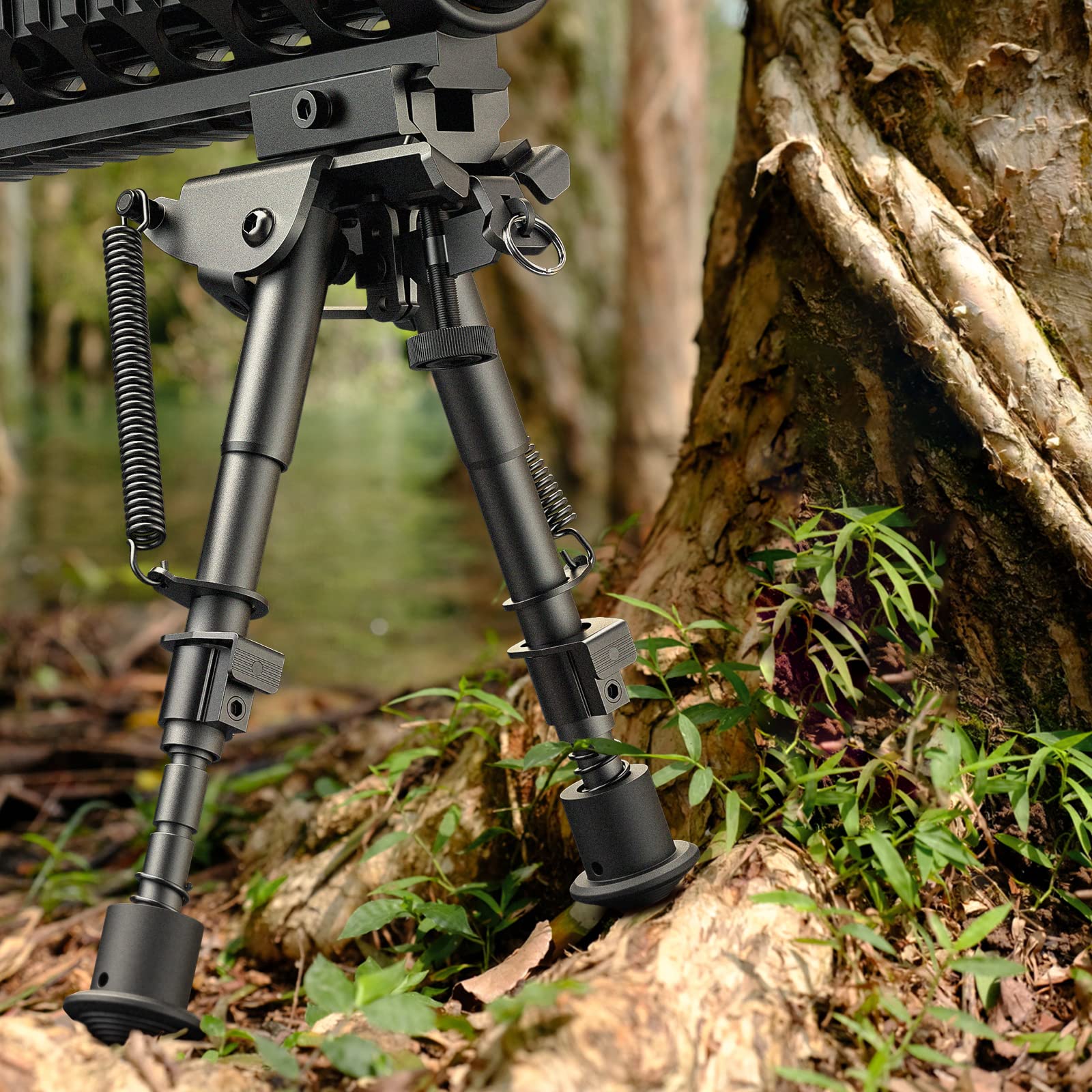 CVLIFE bipod next to rifle showing scale and suitability for common firearms