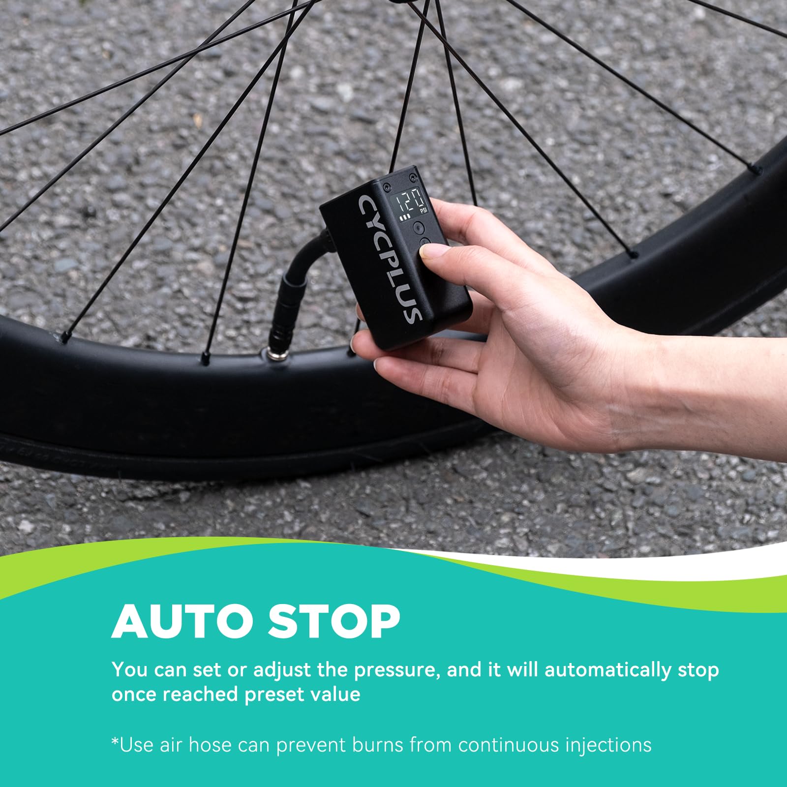 CYCPLUS AS2Pro with extra hose laid out, enables hard-to-reach valve access