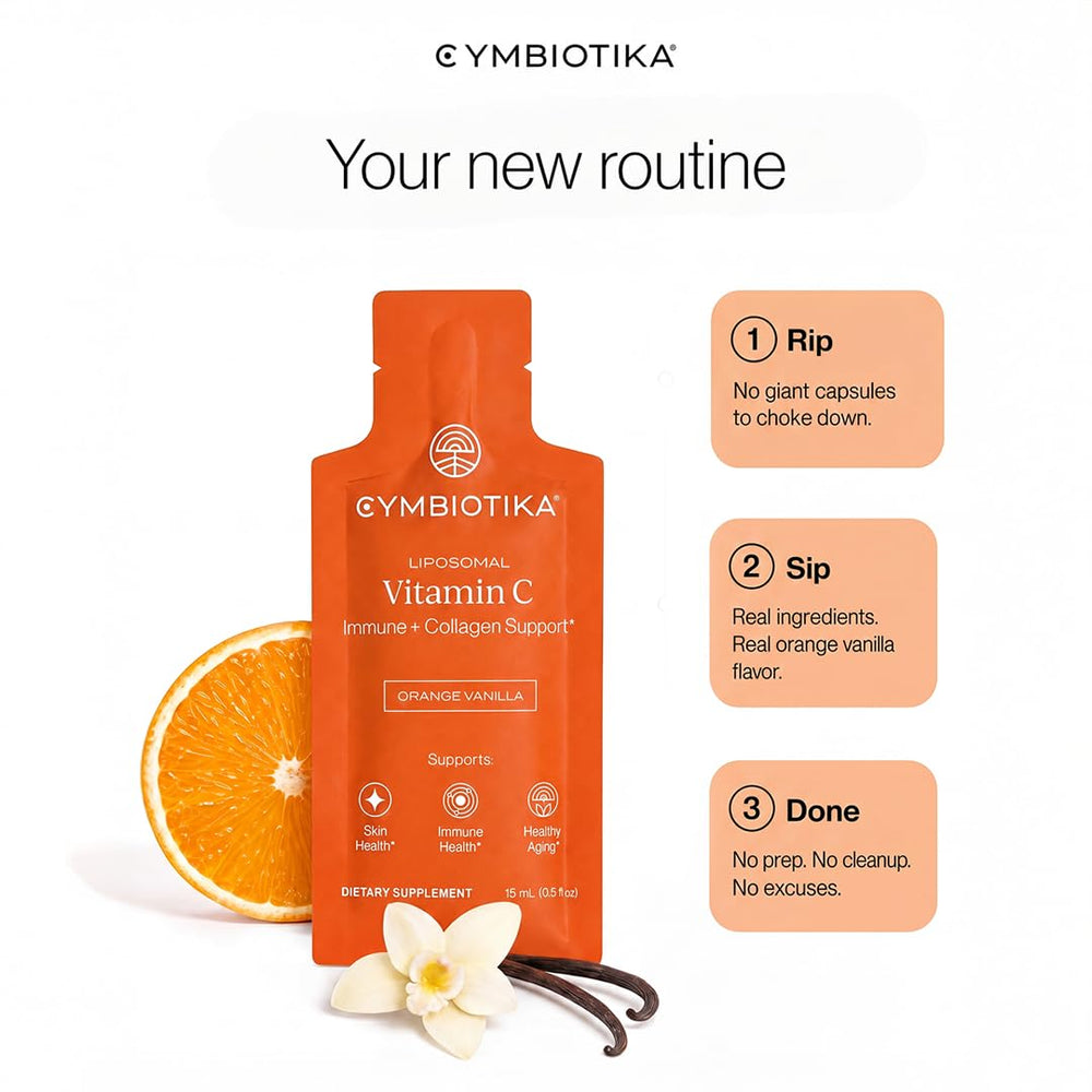 CYMBIOTIKA single-serve Orange Vanilla pouch for easy dosing