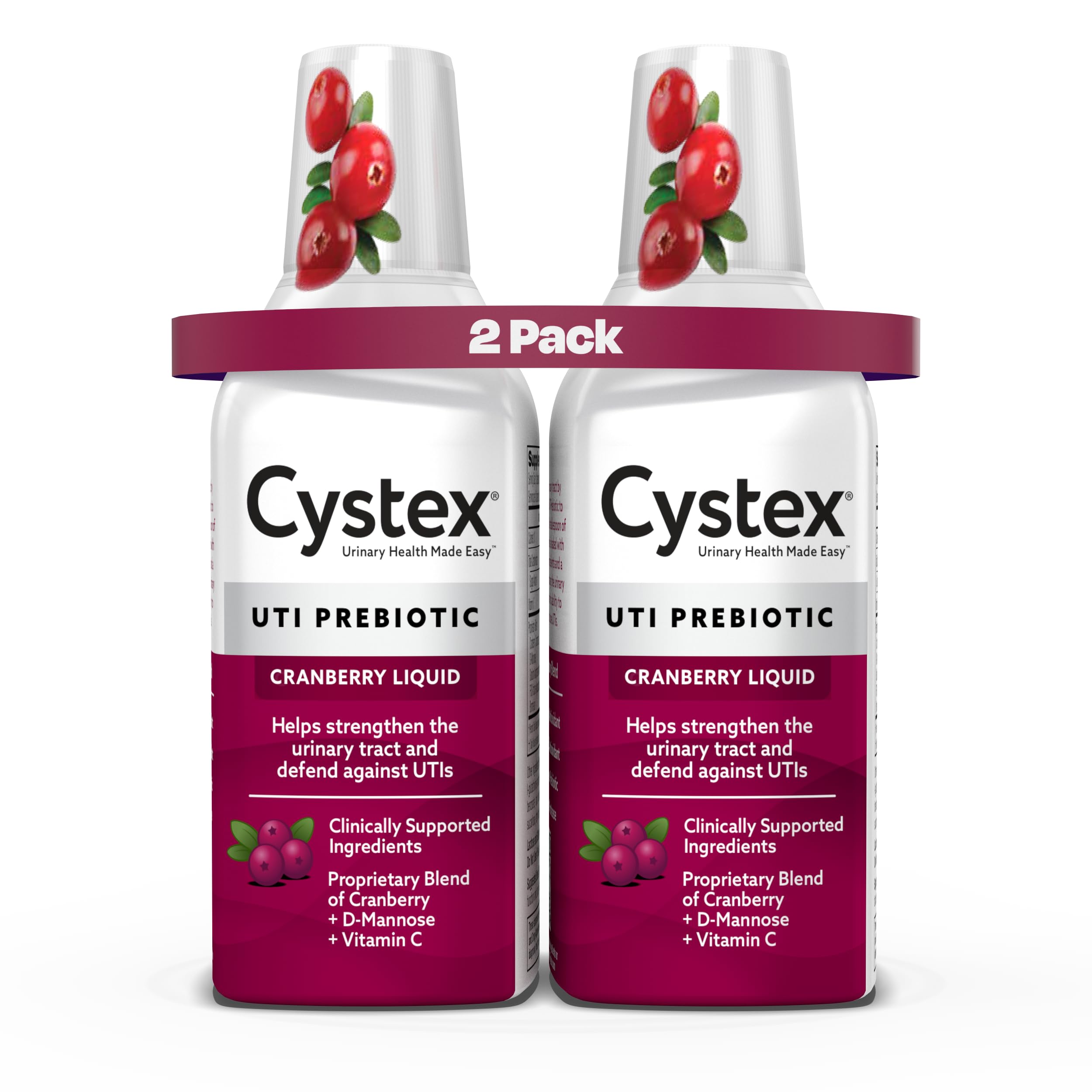 Cystex front packaging showing two 7.6 fl oz bottles and clear use benefit