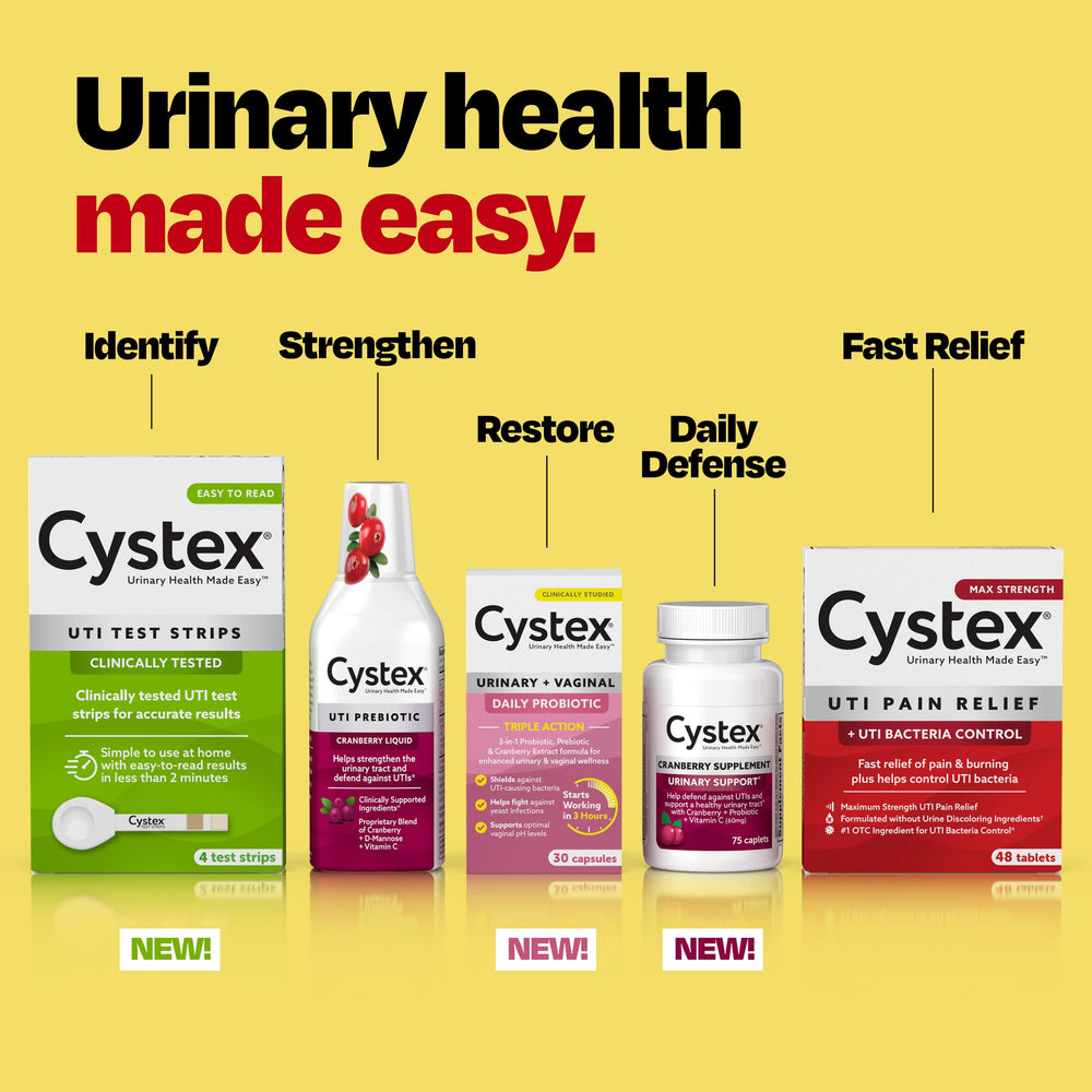 Cystex on kitchen countertop next to glass of water showing lifestyle convenience