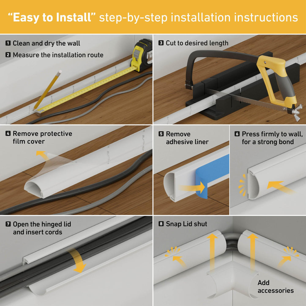 D-Line in-use above baseboard in living room creating tidy cable management