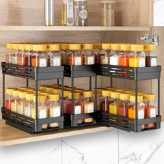 DABIGE front view of three black pull-out spice racks showing compact organization benefit