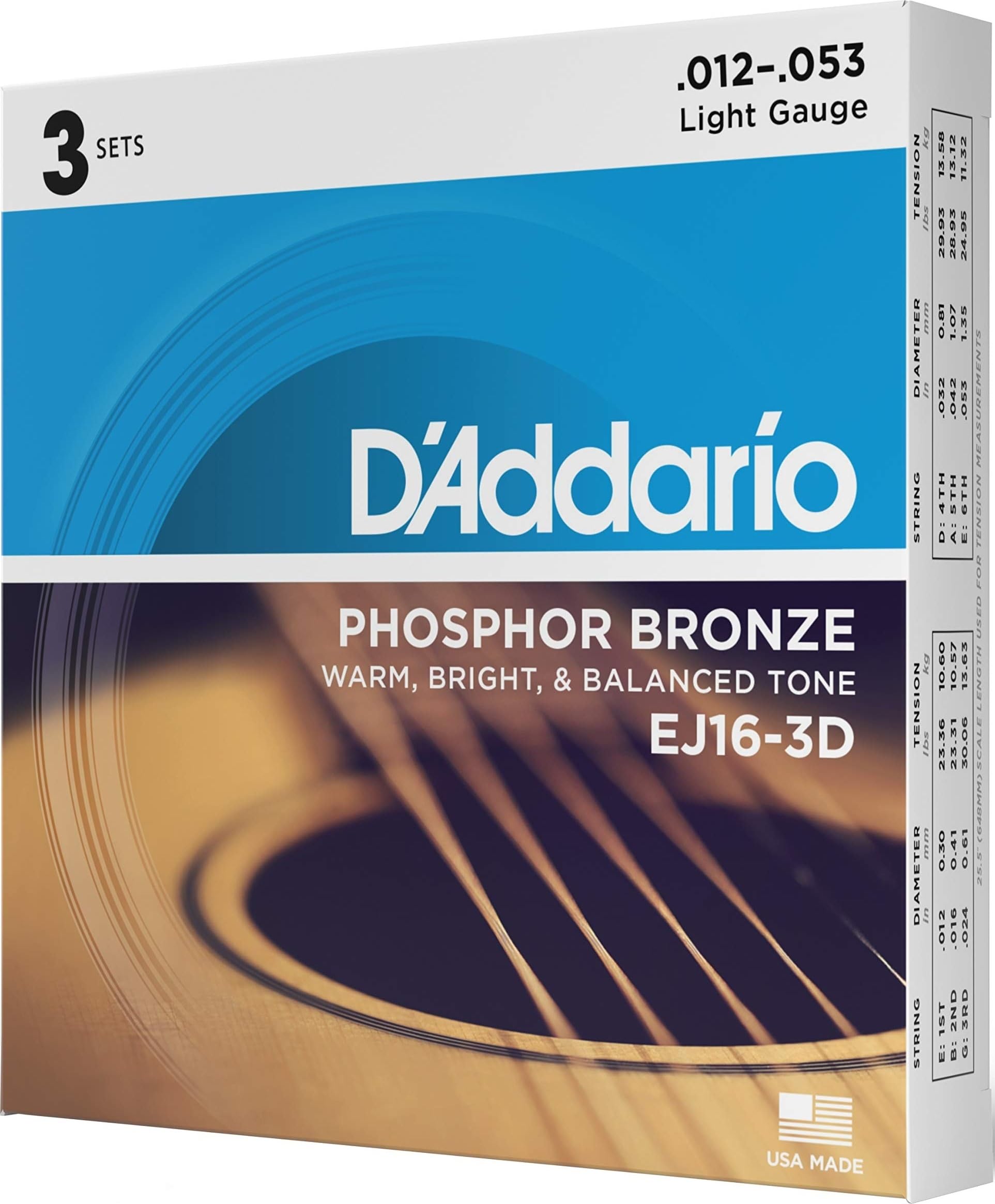 D'Addario front packaging showing three sealed EJ16 sets and freshness protection