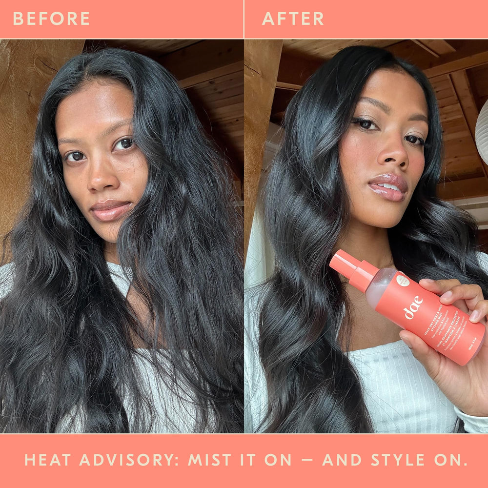 DAE before and after styling showing reduced frizz and shine