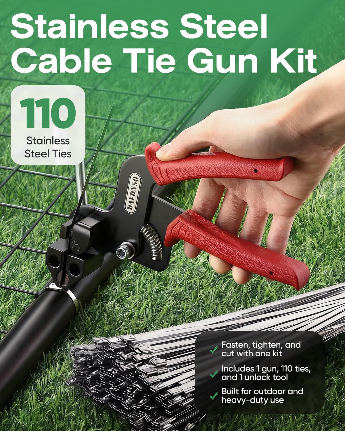 DAFONSO metal cable tie gun close-up highlighting ergonomic handle and cutter benefit