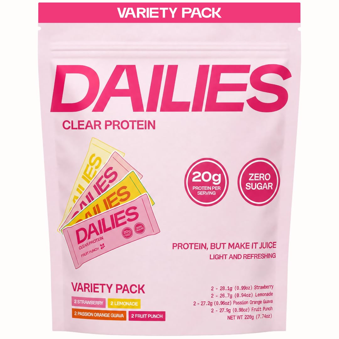 DAILIES front packaging showing eight on-the-go stick packs and variety benefits