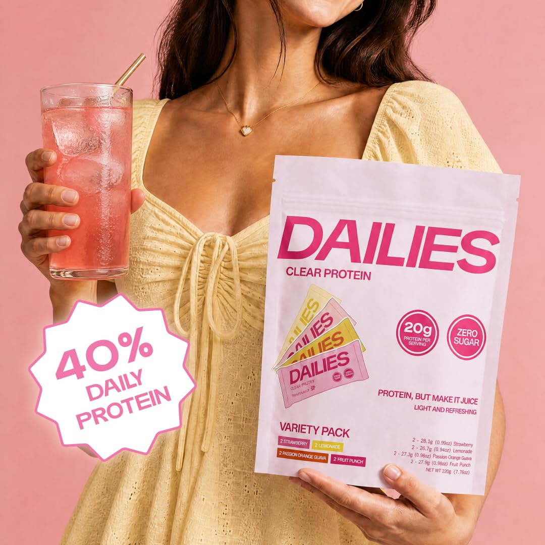 DAILIES beside a water bottle and phone showing compact serving-size convenience
