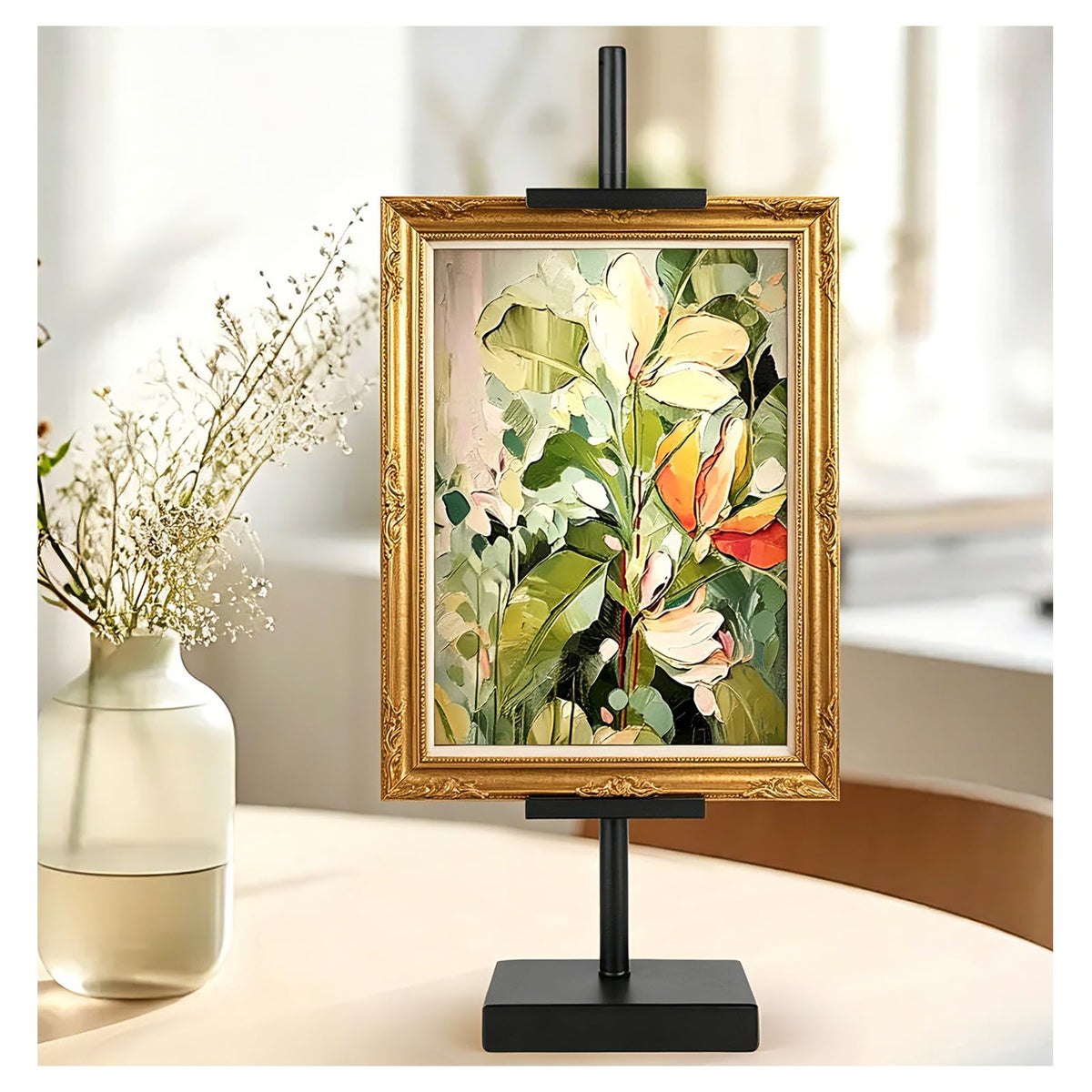 dakewang easel front view showing black finish and compact profile for refined display