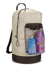 Dalykate front view of khaki backpack laundry bag showing full capacity and closure benefit