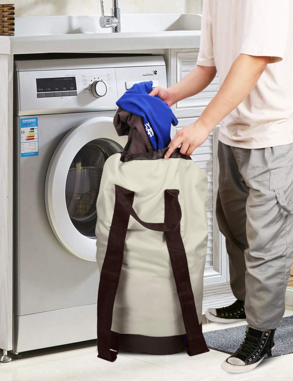 Dalykate next to a standard laundry basket to show size and capacity comparison