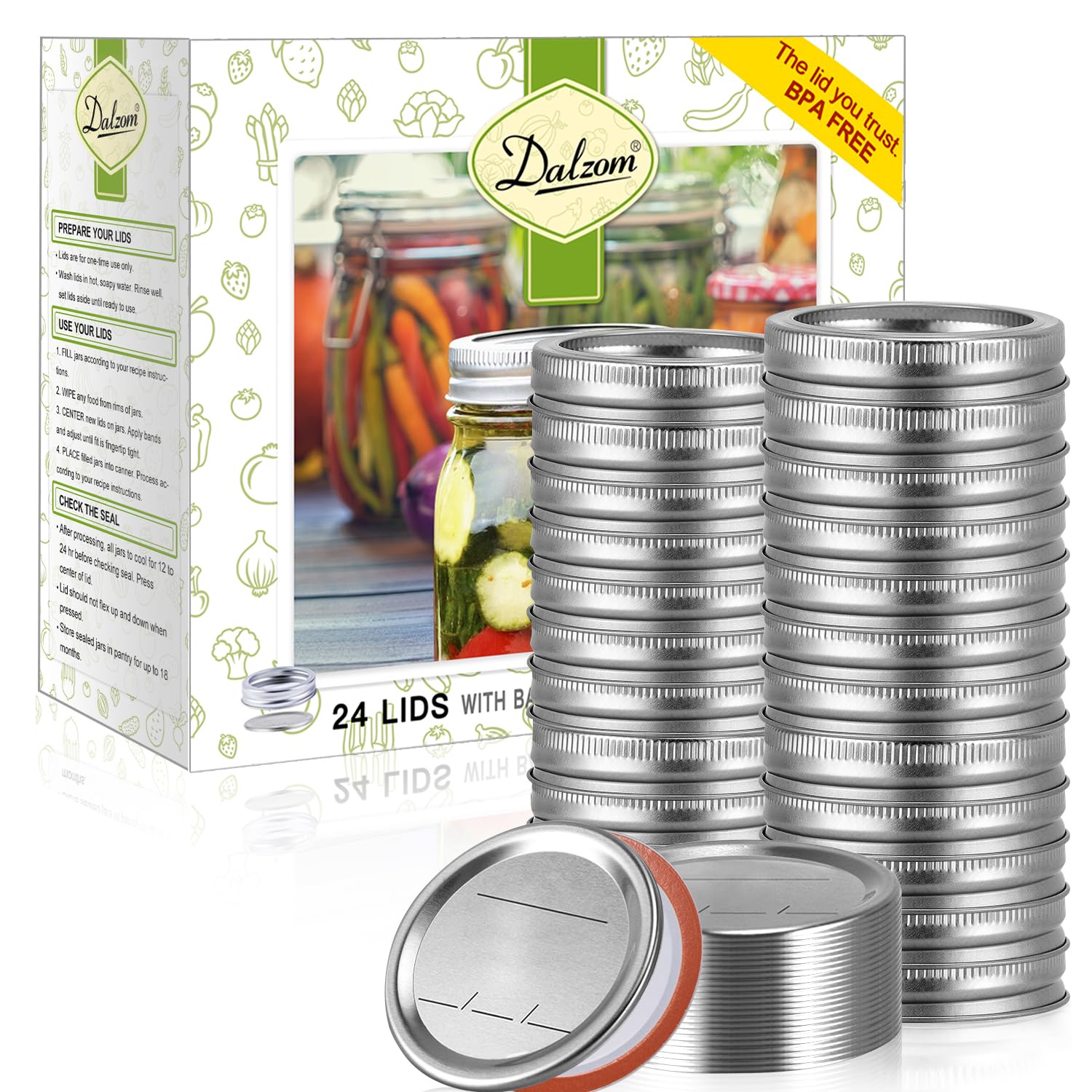 Dalzom front packaging showing 24 lids and 24 rings and clear contents benefit