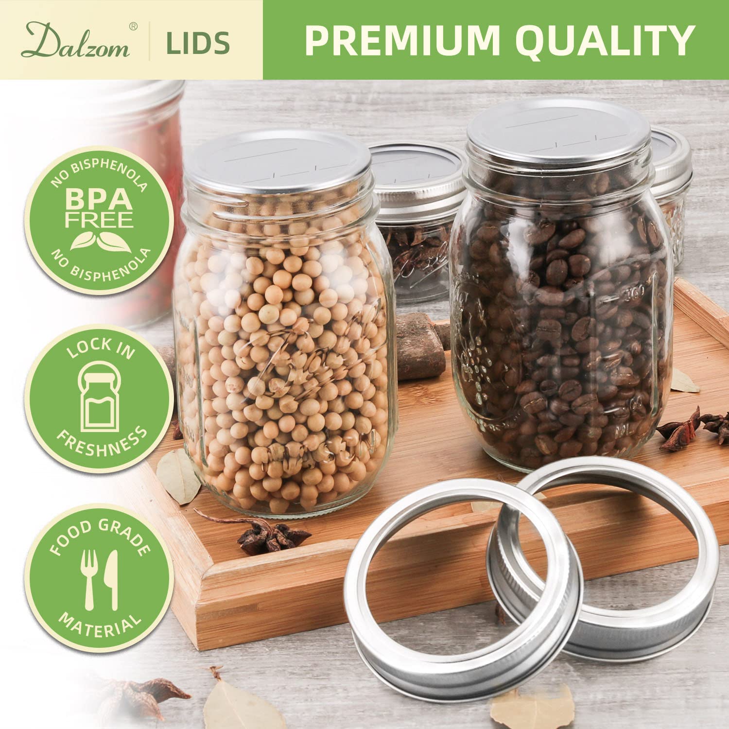 Dalzom lids sealed on wide mouth jars showing secure vacuum benefit