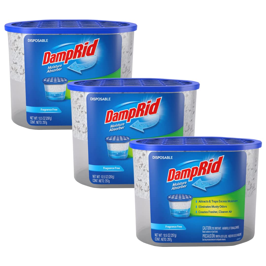 DampRid front packaging 3 pack showing compact disposable cups for humidity control