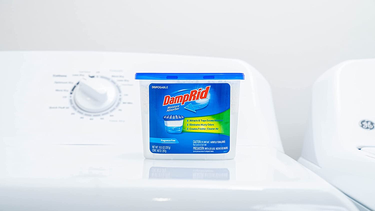 DampRid size comparison with hand illustrating compact, space-saving benefit