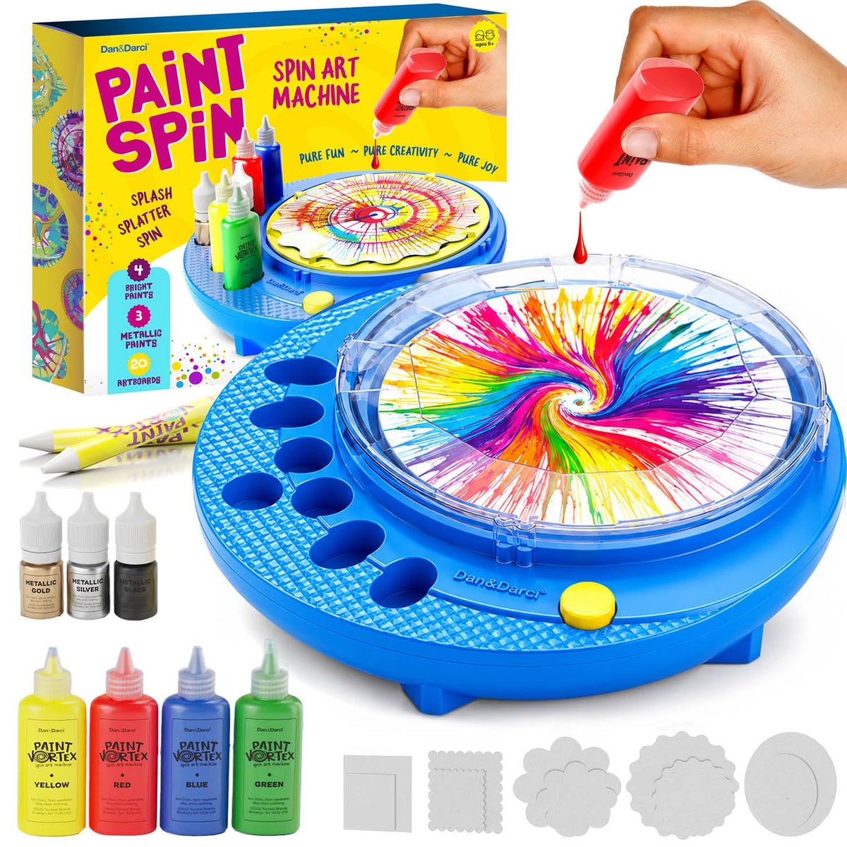Dan&Darci spin art machine front view showing compact design and controls for easy use