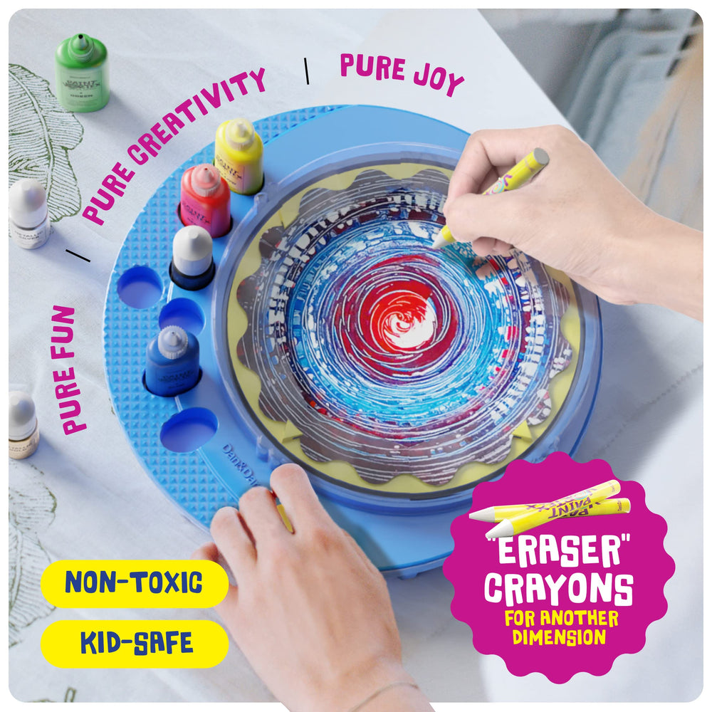 Dan&Darci paint bottles and shaped cardstock ready to create colorful spin art projects