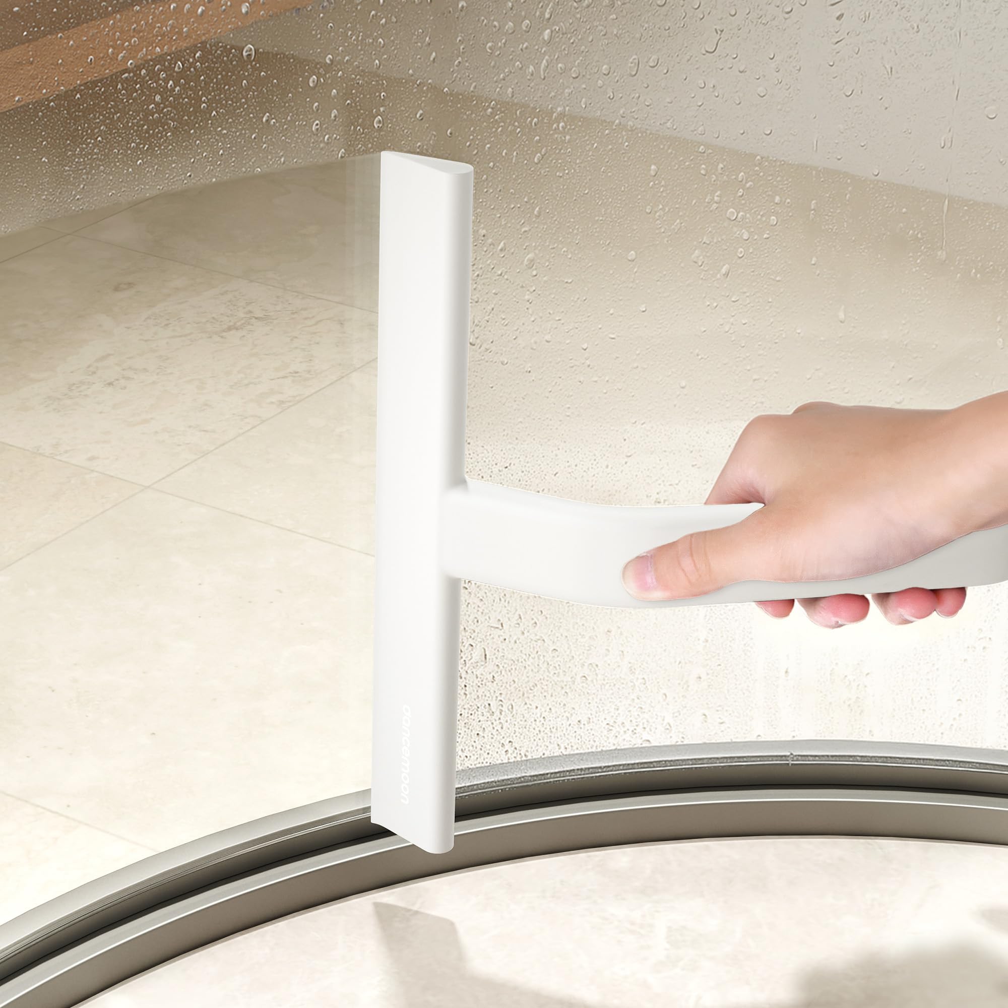dancemoon in use wiping shower glass showing effective water removal benefit