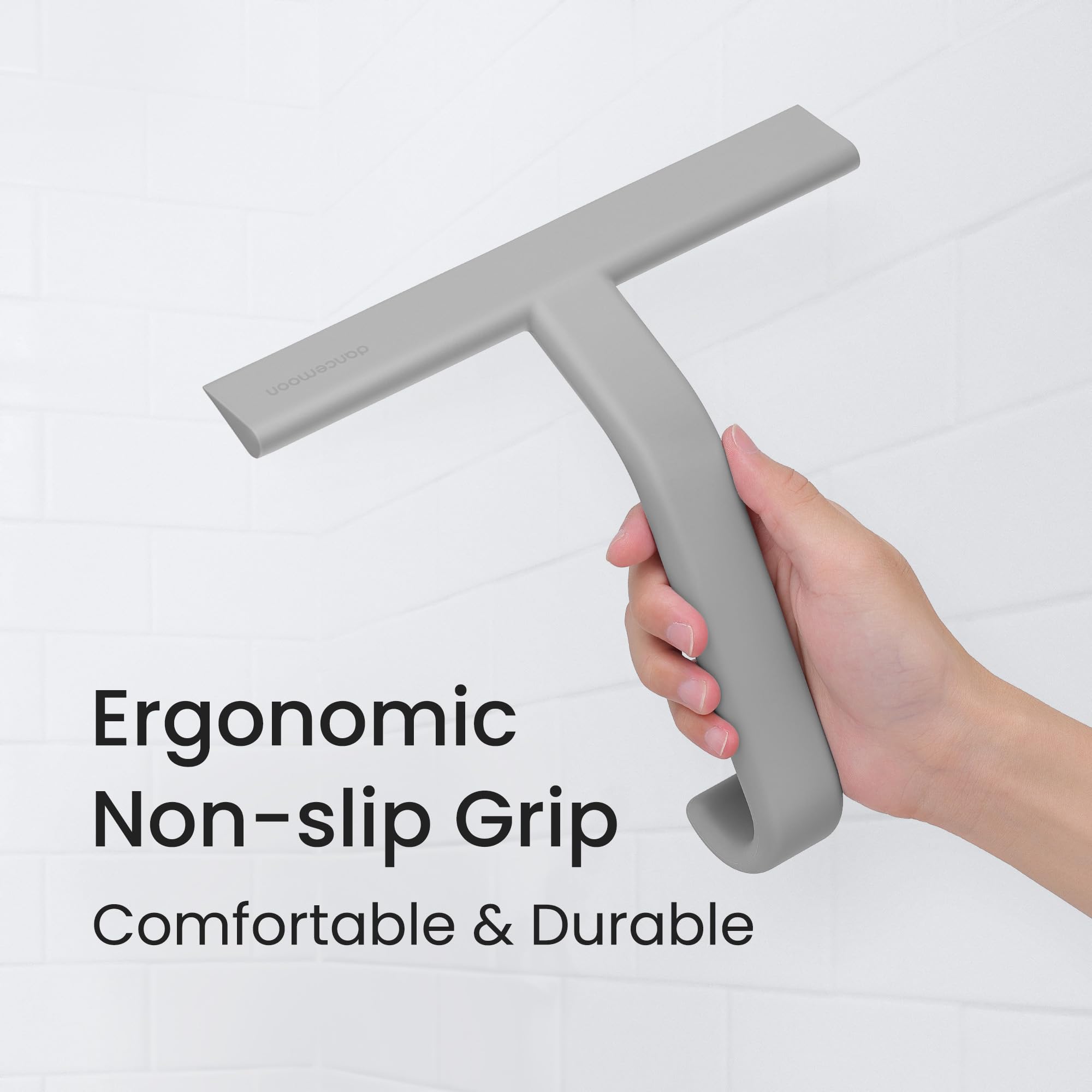 dancemoon squeegee hung on shower door illustrating convenient storage