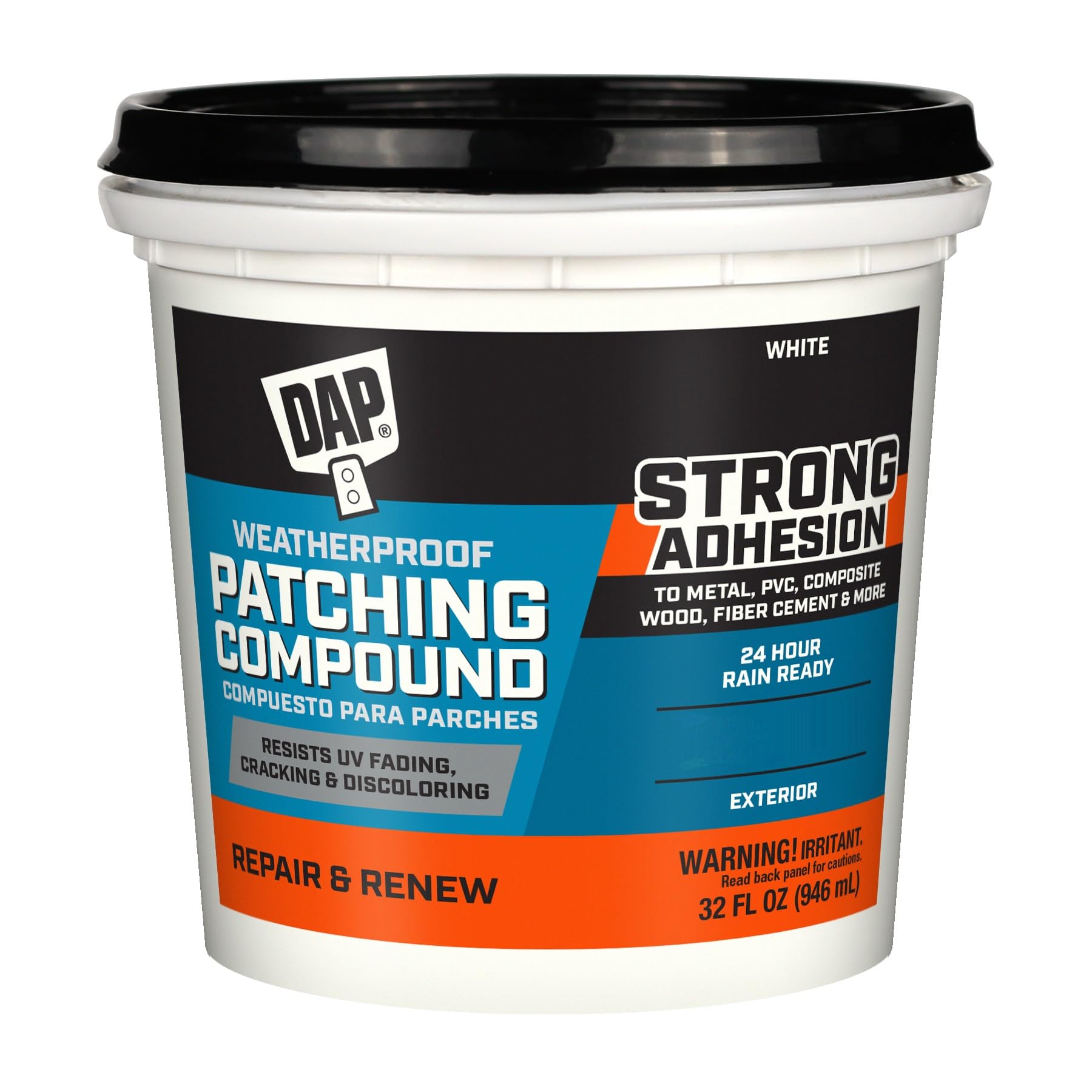 DAP Weatherproof Patching Compound front view showing container and product use benefit