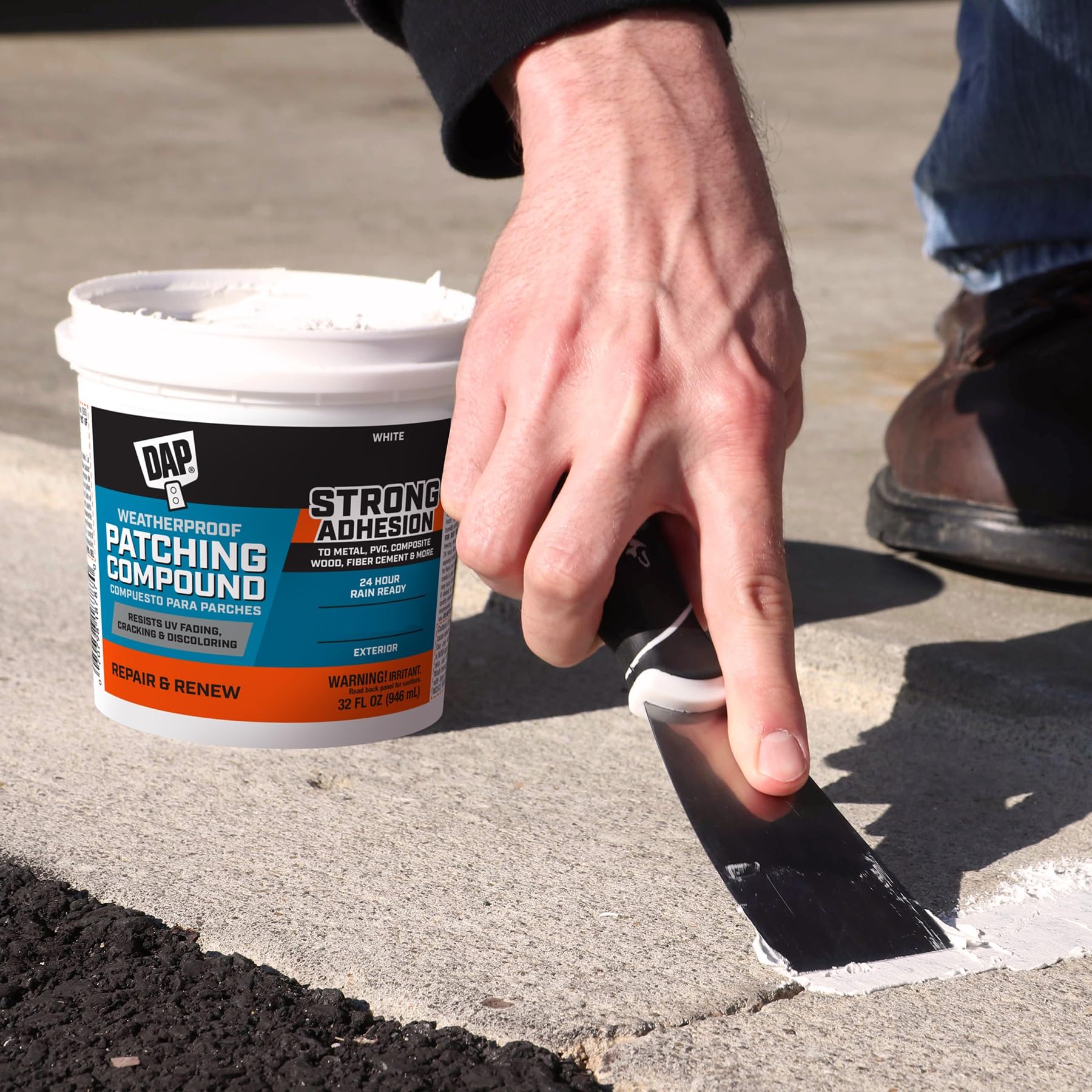 DAP Weatherproof Patching Compound used in outdoor repair scene showing weather protection