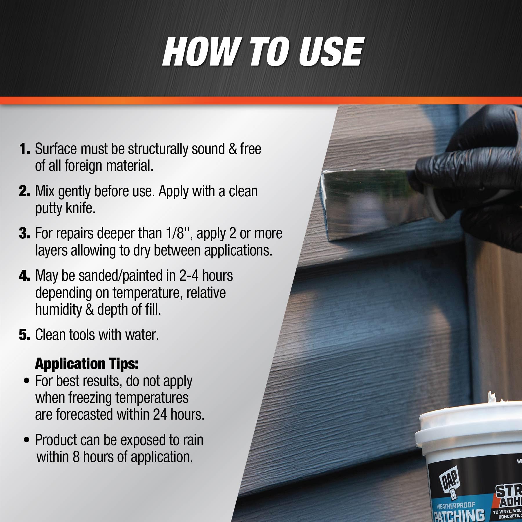 DAP Weatherproof Patching Compound sanded surface close-up showing paint-ready smoothness