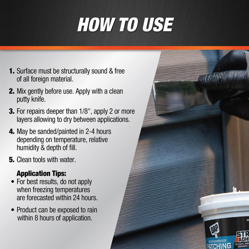 DAP Weatherproof Patching Compound sanded surface close-up showing paint-ready smoothness