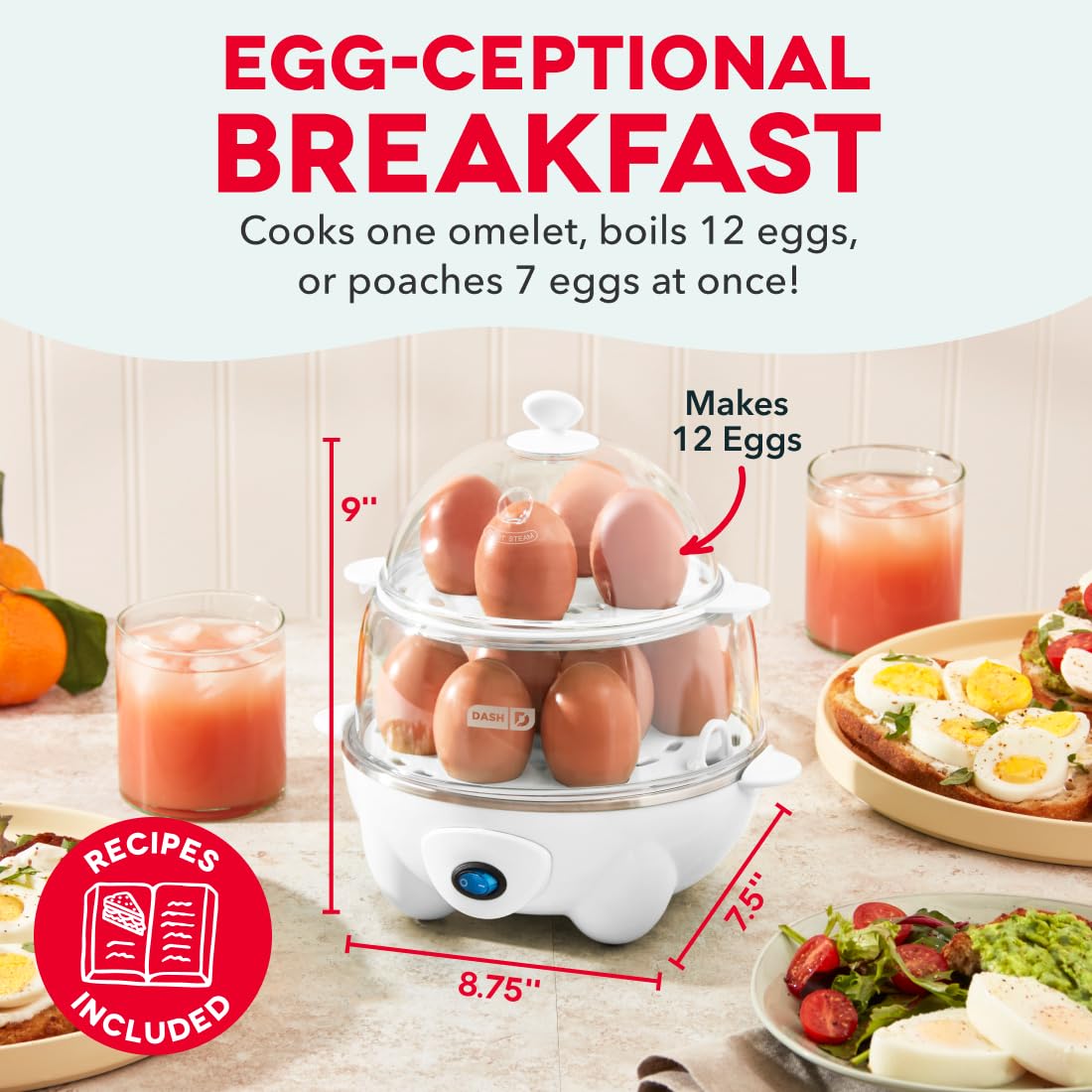 DASH double-decker trays inside cooker highlighting 12-egg capacity benefit