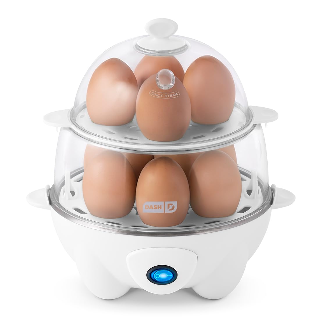 DASH front view of white egg cooker showing compact design and convenience