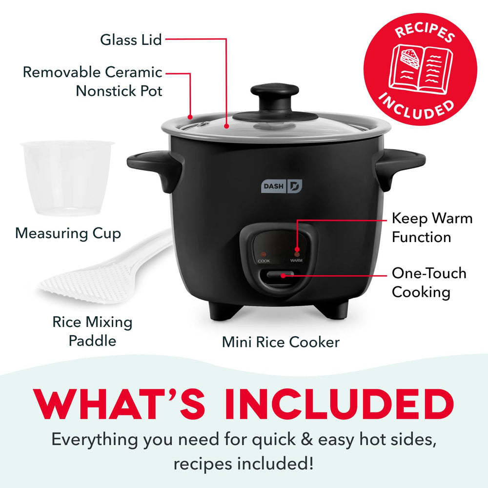 dash measuring cup and paddle included for precise portions and easy serving