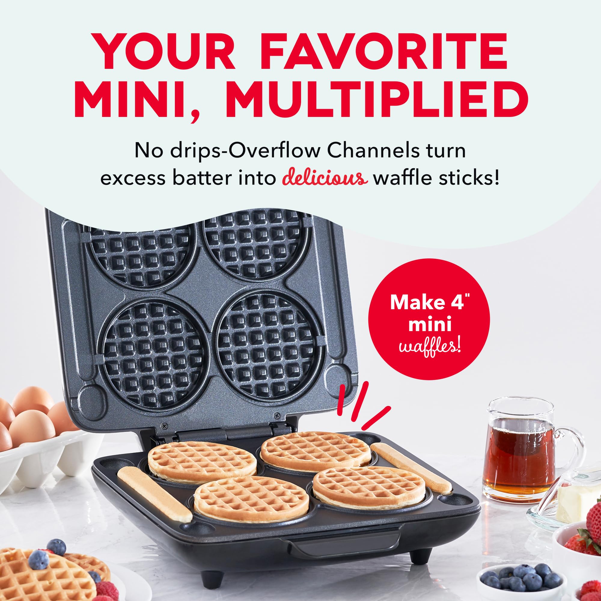 DASH open waffle maker with batter poured into four cavities for fast batches