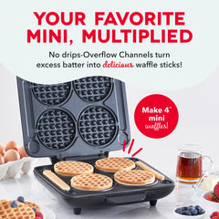 DASH open waffle maker with batter poured into four cavities for fast batches