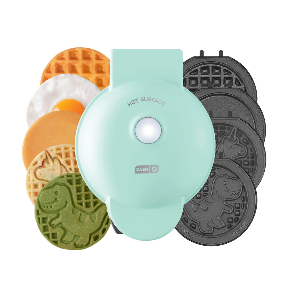 dash MultiMaker mini front view in aqua showing compact design and ready light benefit