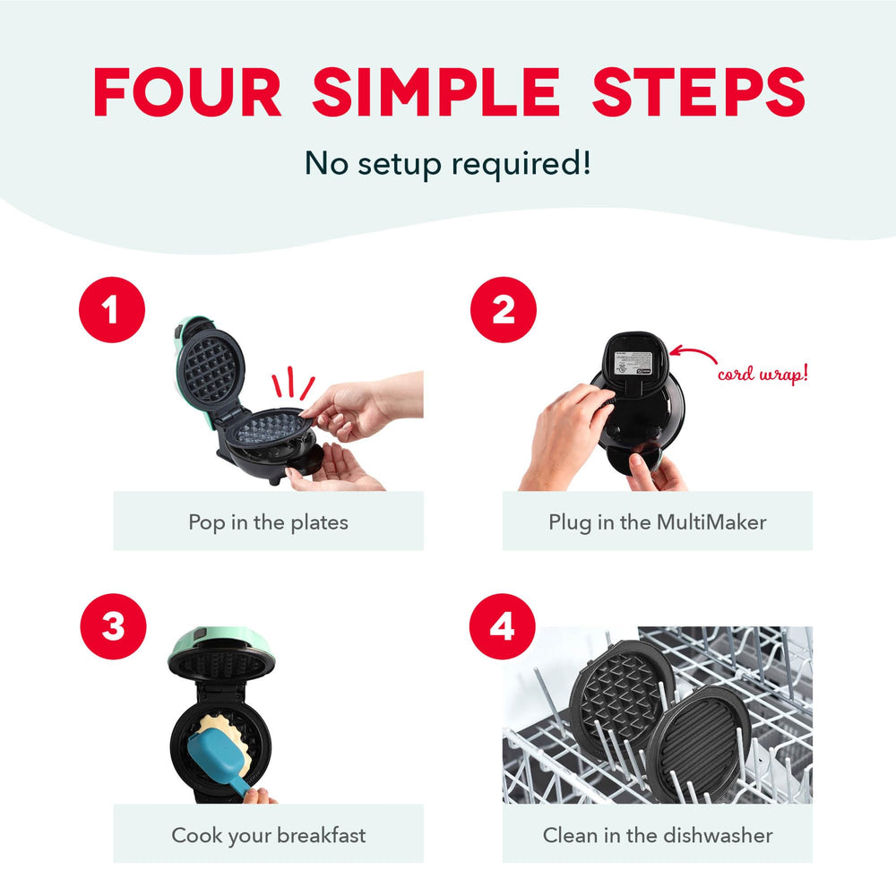 dash MultiMaker mini pouring batter into waffle plate showing fast prep benefit