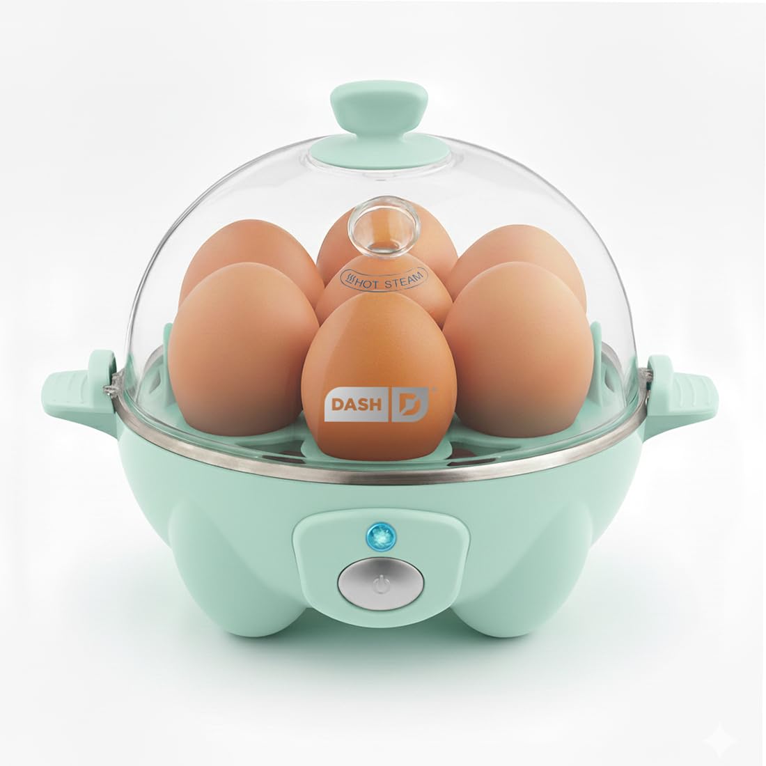 DASH front view of aqua rapid egg cooker showing controls and compact benefit