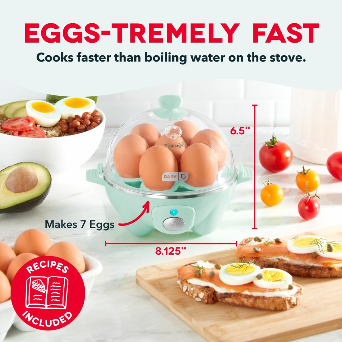 DASH open egg cooker with removable trays showing easy storage benefit