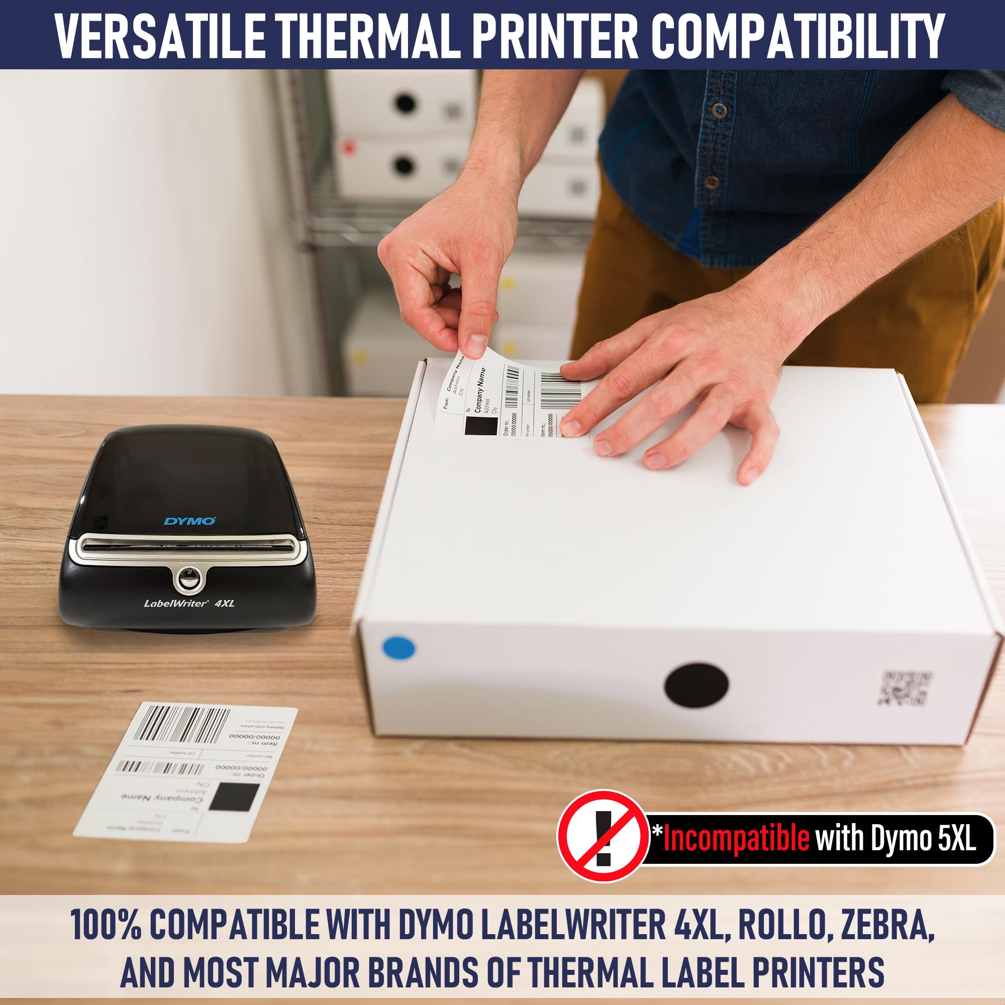 Dasher Products labels in a busy shipping desk scene, conveying speed and professional appearance