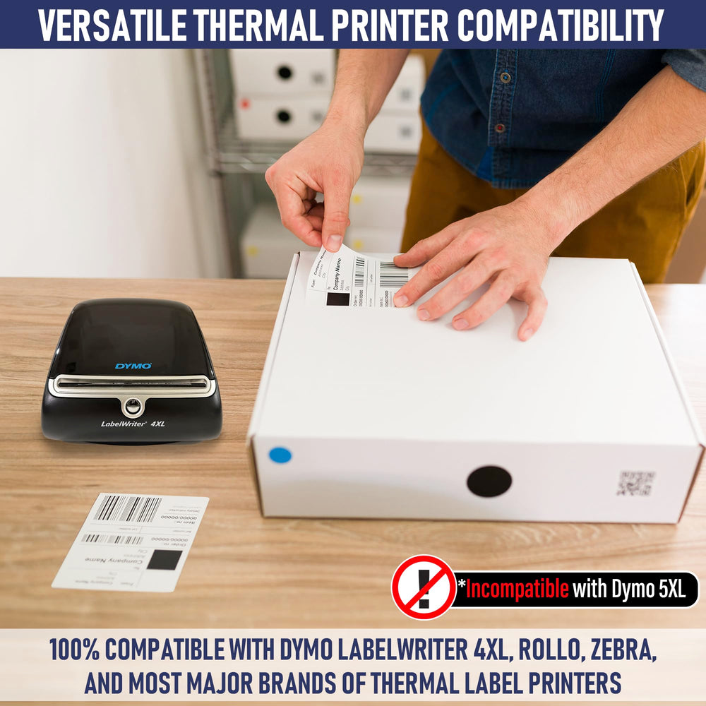 Dasher Products labels in a busy shipping desk scene, conveying speed and professional appearance