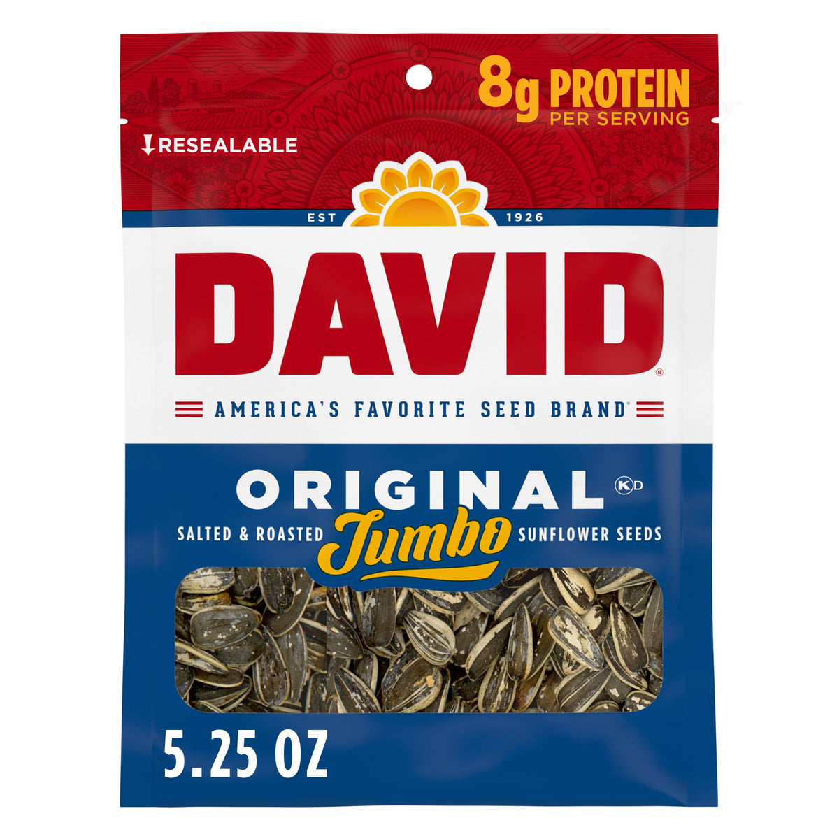 David front pack showing roasted salted jumbo seeds and portable convenience