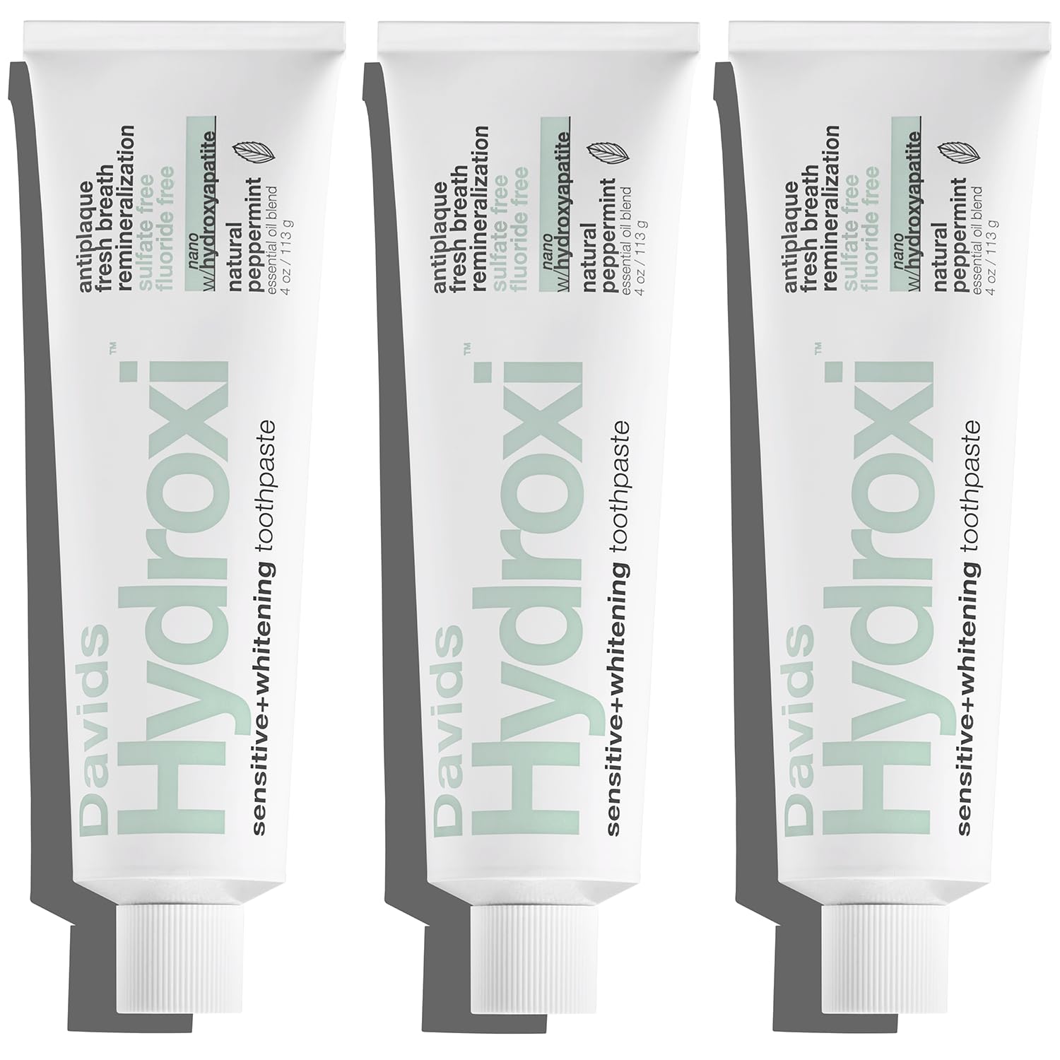 Davids front packaging 3 pack showing peppermint tubes and clean design benefit: clear product choice