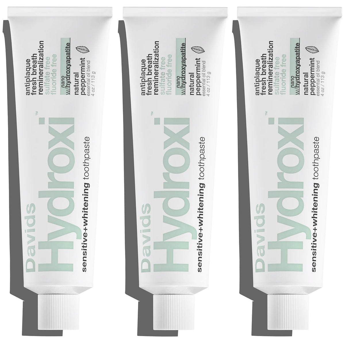 Davids front packaging 3 pack showing peppermint tubes and clean design benefit: clear product choice
