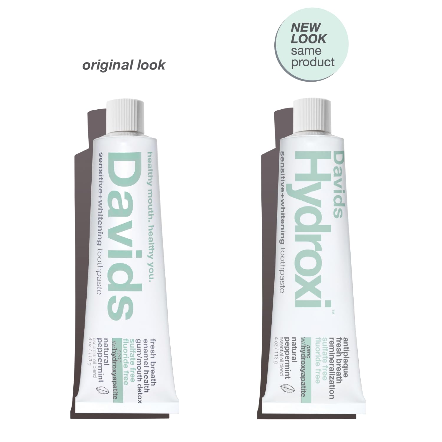 Davids tube close-up label highlighting nano hydroxyapatite benefit: ingredient transparency