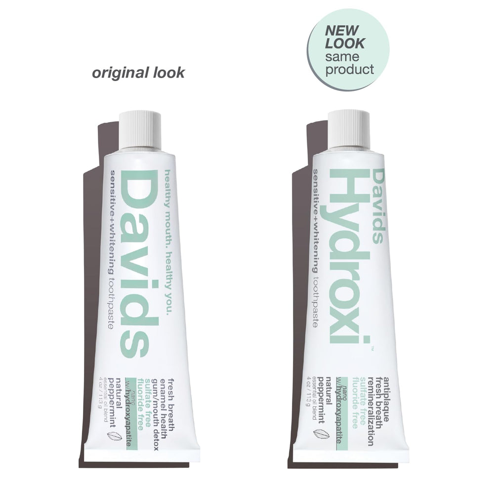 Davids tube close-up label highlighting nano hydroxyapatite benefit: ingredient transparency