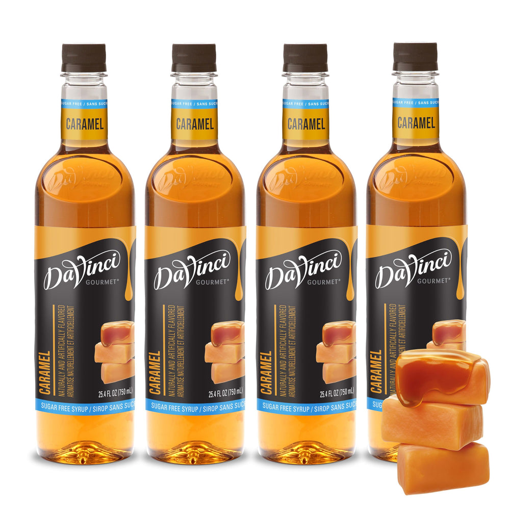 DaVinci Gourmet front packaging showing four bottles and benefits