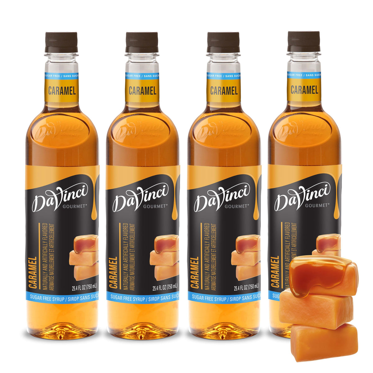DaVinci Gourmet front packaging showing four bottles and benefits