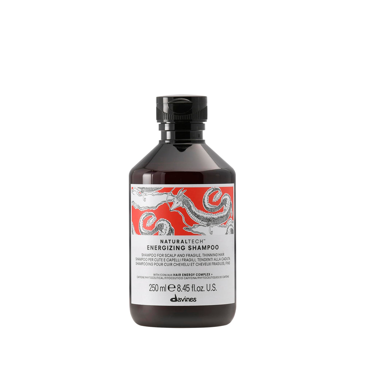 Davines bottle front view showing Naturaltech Energizing Shampoo for balanced cleansing and fuller-looking hair