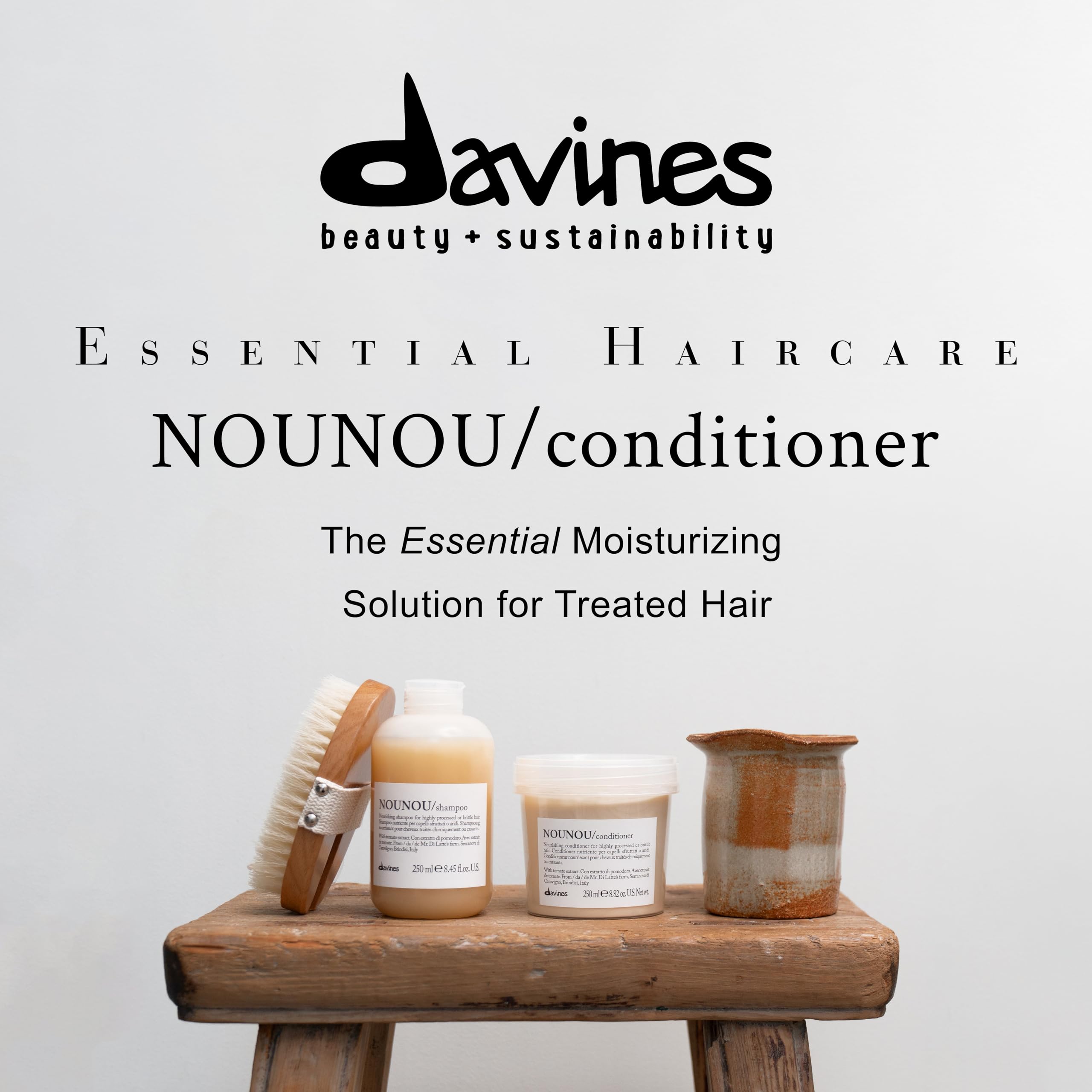 Davines NOUNOU 8.45 fl oz bottle beside ruler for size and travel planning