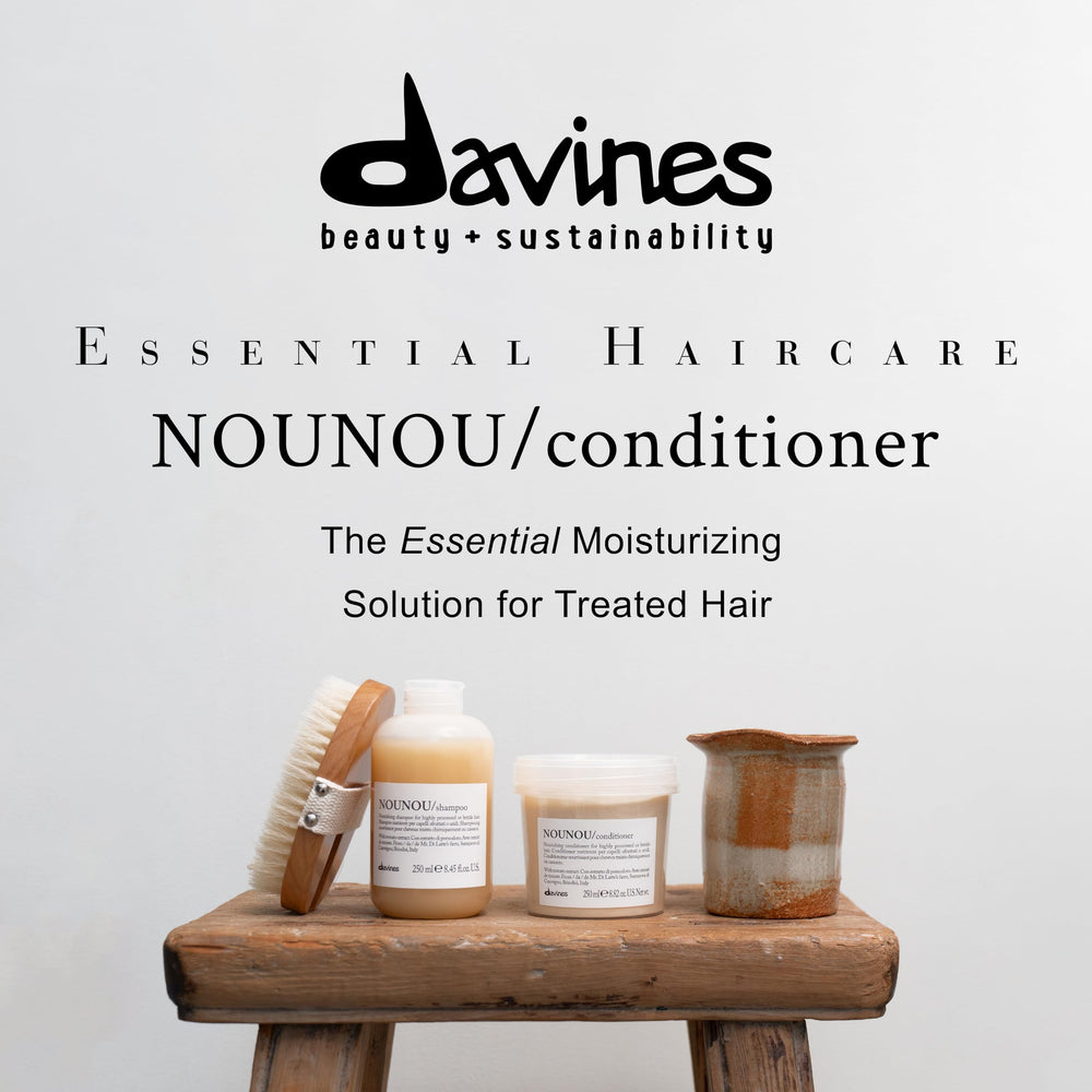 Davines NOUNOU 8.45 fl oz bottle beside ruler for size and travel planning