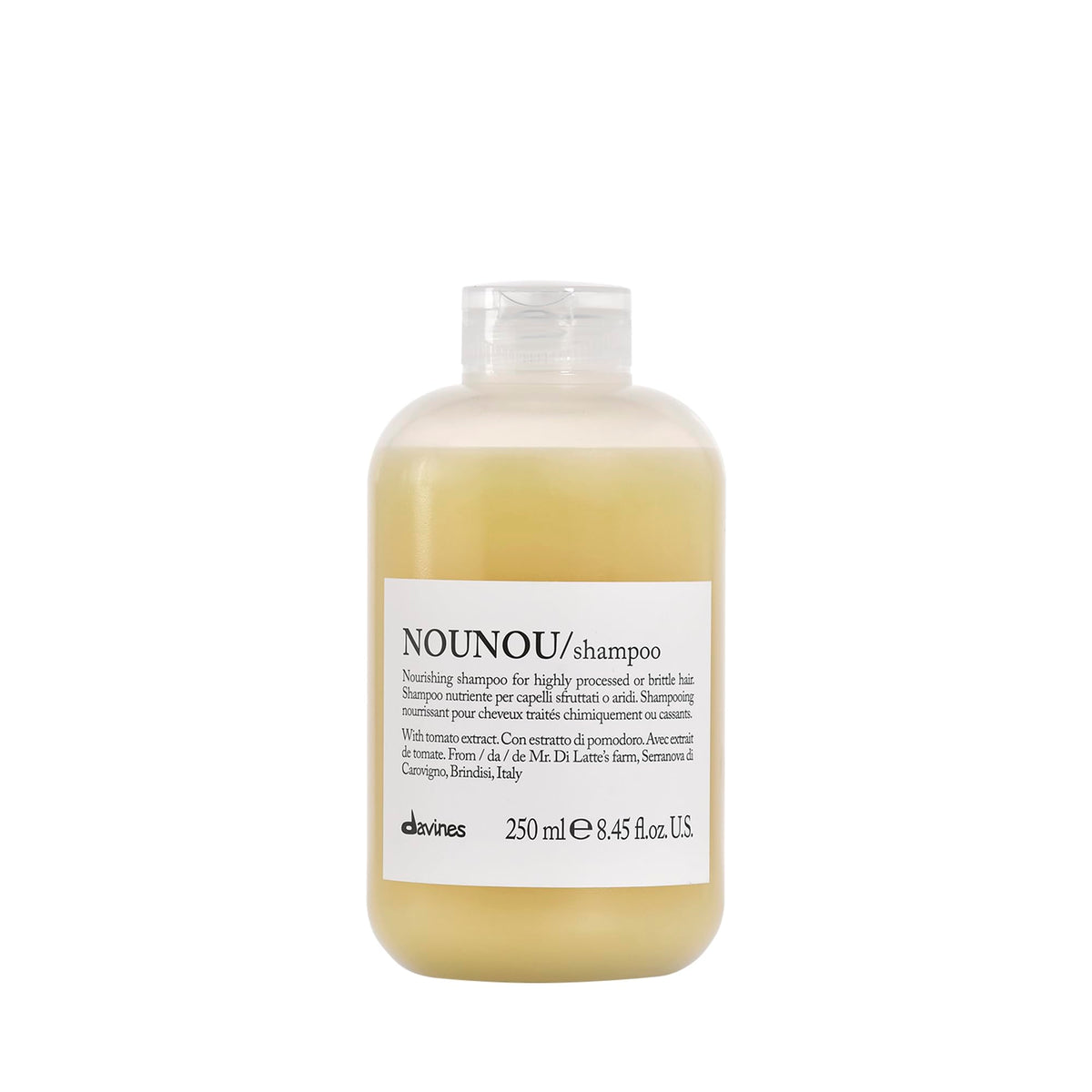 Davines front bottle showing NOUNOU shampoo label and nourishing benefits