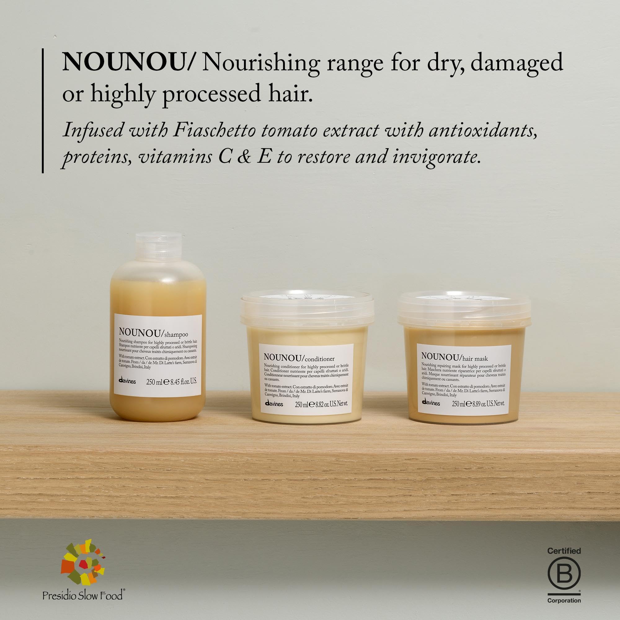 Davines bottle held in hand to show NOUNOU shampoo size and travel convenience